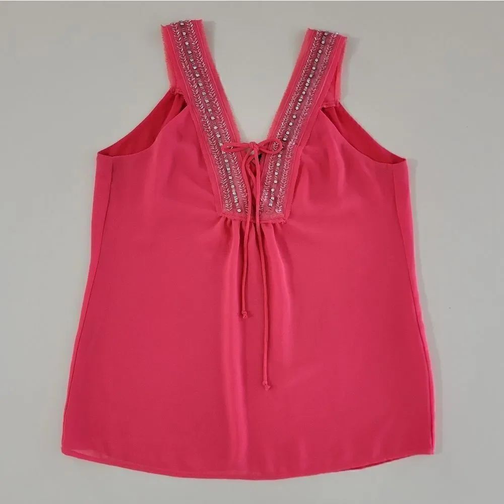 BKE Women's Deep Coral Embellished Chiffon Lined Lace-up Tank Blouse